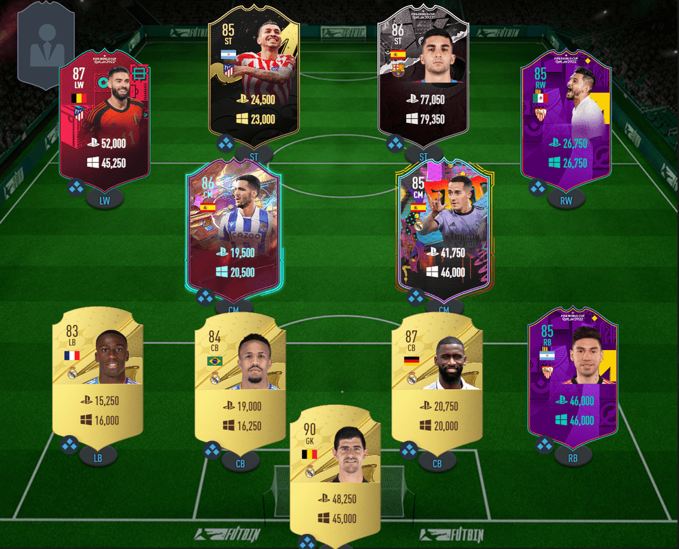 Plantilla anterior FIFA 23 Ultimate Team pero mostrando el precio individual de cada carta