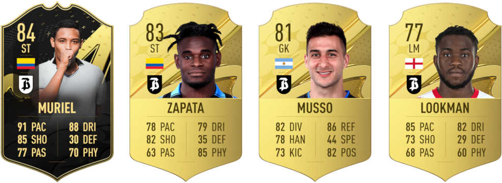 Cartas Muriel IF y oro de Zapata, Musso y Lookman (Bergamo) FIFA 23 Ultimate Team