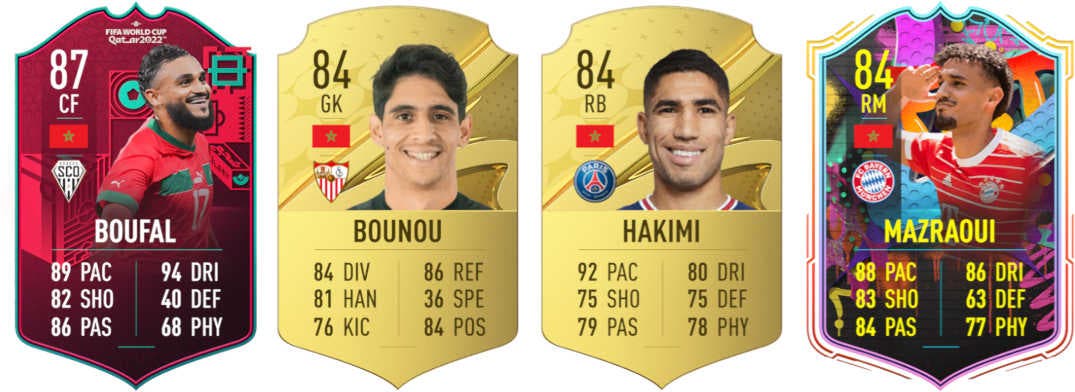 Cartas oro Hakimi y Bounou, Boufal PTG y Mazraoui Out of Position (Marruecos) FIFA 23 Ultimate Team