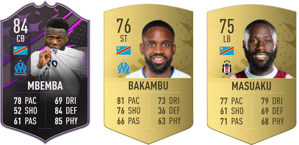Cartas Mbemba Dúo Dinámico, y Bakambu y Masuaku oro (República Democrática del Congo) FIFA 23 Ultimate Team