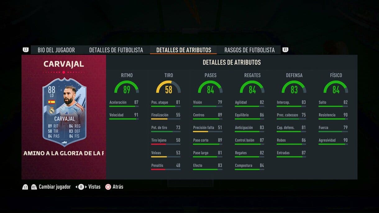 Stats in game Carvajal Path to Glory actualizado FIFA 23 Ultimate Team