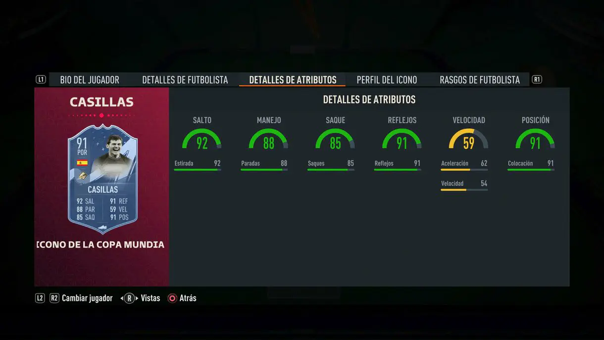 Stats in game Casillas Icono del Mundial FIFA 23 Ultimate Team