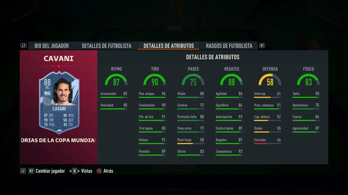 Stats in game Cavani FIFA World Cup Stories FIFA 23 Ultimate Team