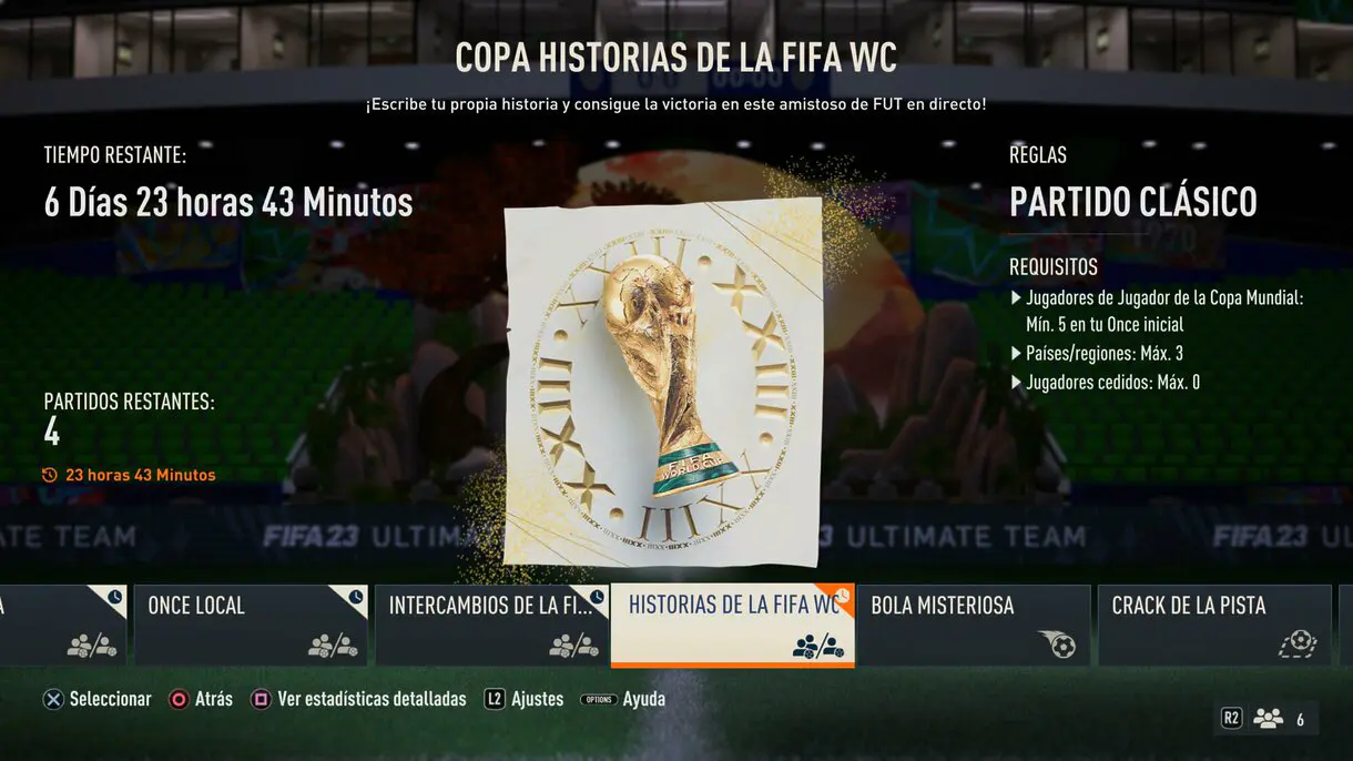 Menú de torneos online mostrando la información de Copa Historias de la FIFA WC FIFA 23 Ultimate Team