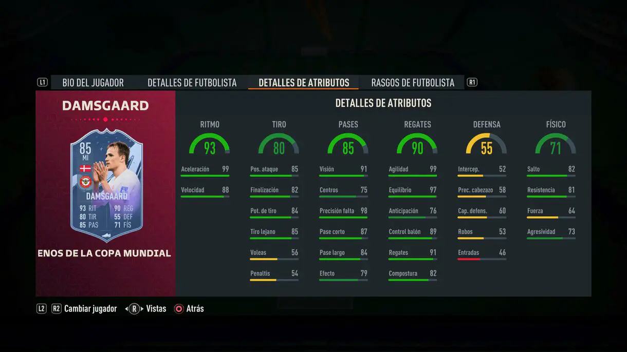 Stats in game Damsgaard Fenómenos de la Copa Mundial FIFA 23 Ultimate Team