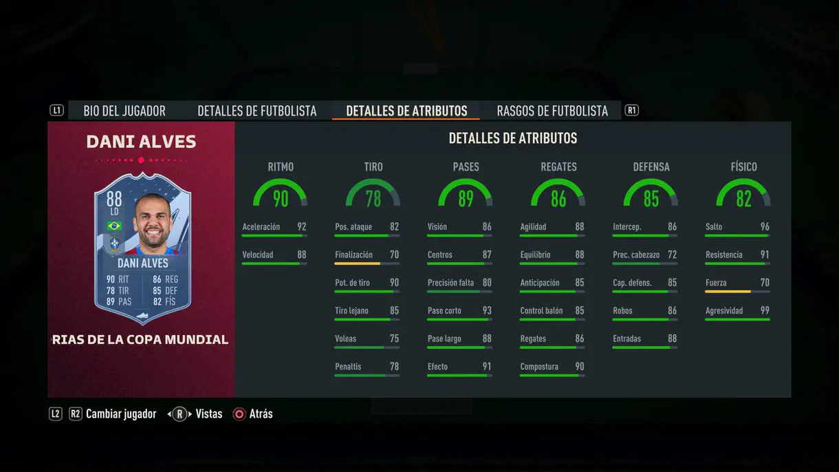 Stats in game Dani Alves FIFA World Cup Stories FIFA 23 Ultimate Team