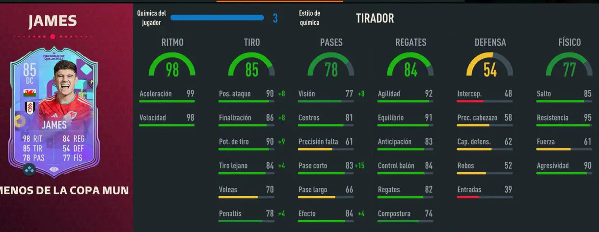 Stats in game Daniel James Fenómenos de la Copa Mundial FIFA 23 Ultimate Team