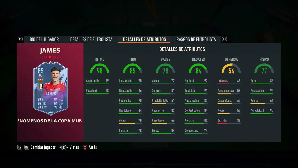 Stats in game Daniel James Fenómenos de la Copa Mundial FIFA 23 Ultimate Team