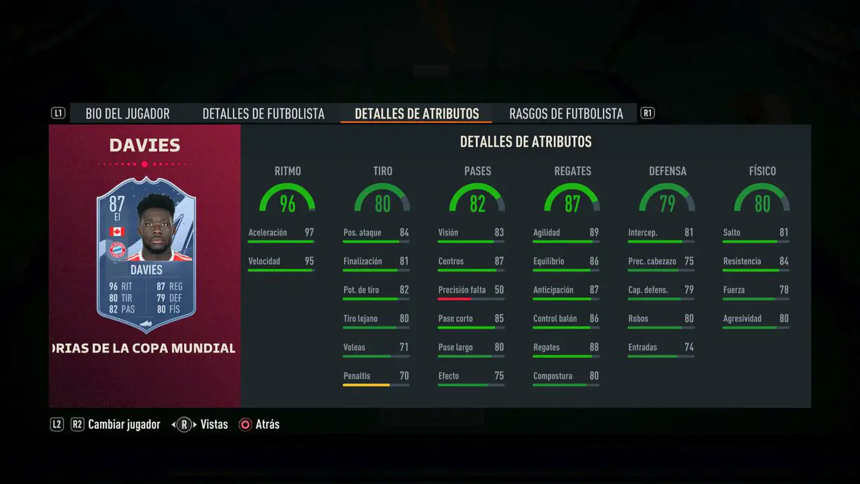 Stats in game Alphonso Davies FIFA World Cup Stories FIFA 23 Ultimate Team