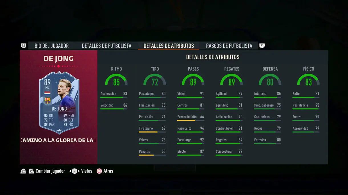 Stats in game De Jong Path to Glory actualizado FIFA 23 Ultimate Team