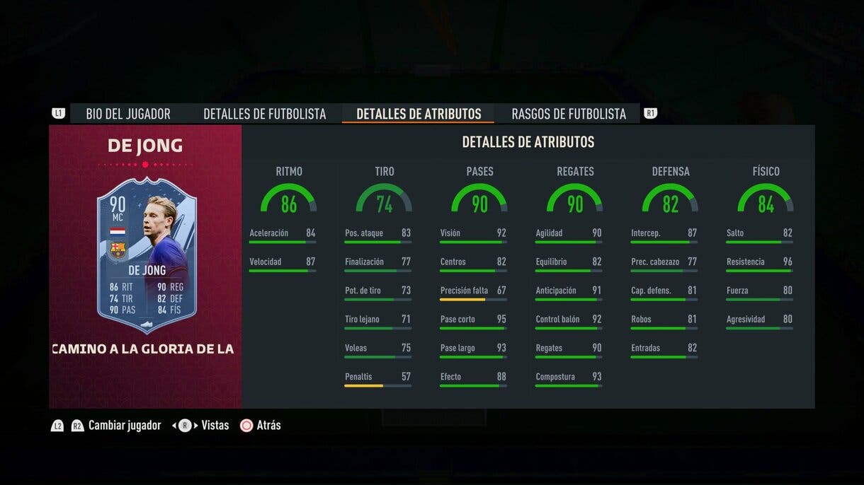 Stats in game De Jong Path to Glory 90 FIFA 23 Ultimate Team