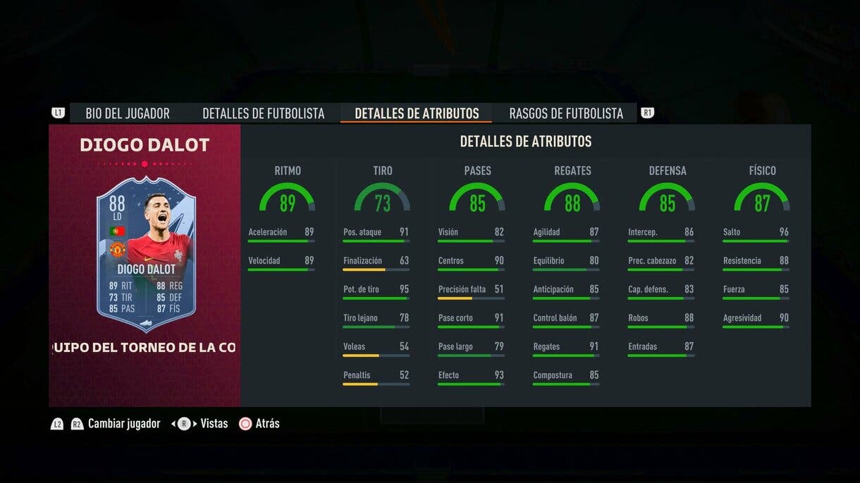 Stats in game Diogo Dalot TOTT FIFA 23 Ultimate Team