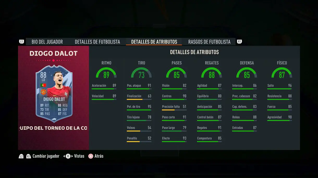 Stats in game Diogo Dalot TOTT FIFA 23 Ultimate Team