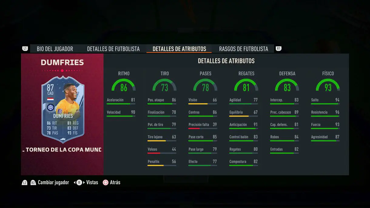 Stats in game Dumfries TOTT FIFA 23 Ultimate Team