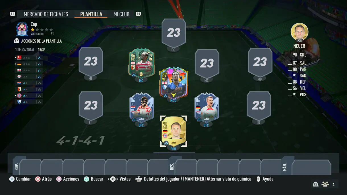 Ejemplo once FIFA 23 Ultimate Team con Neuer oro, Klosterman WW, Gvardiol TOTT, Oxford WW y Osei-Tutu OOP