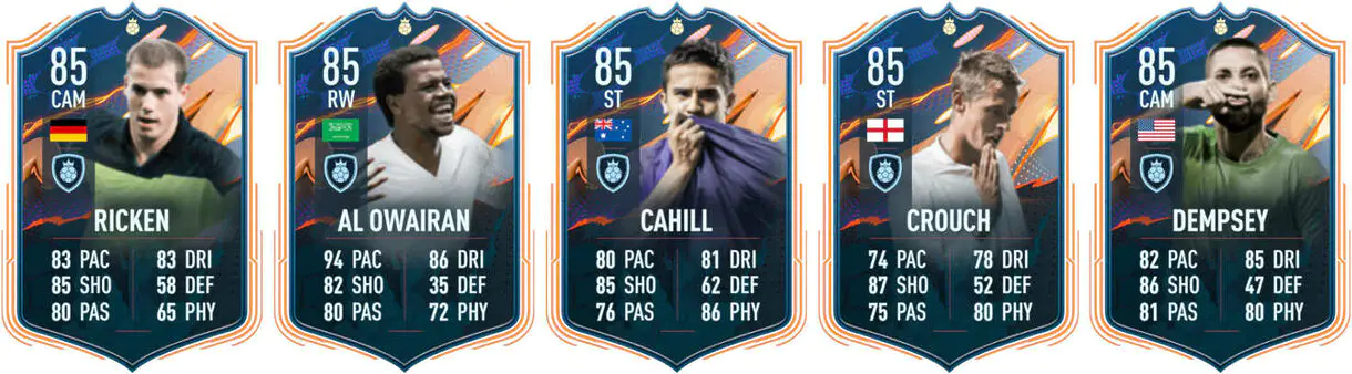 Cartas FUT Heroes Ricken, Al Owairan, Cahill, Crouch y Dempsey FIFA 23 Ultimate Team