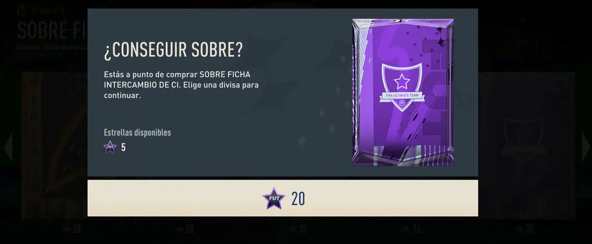Menú FUT Moments FIFA 23 Ultimate Team canjeando el Sobre ficha de intercambio de comodín de invierno