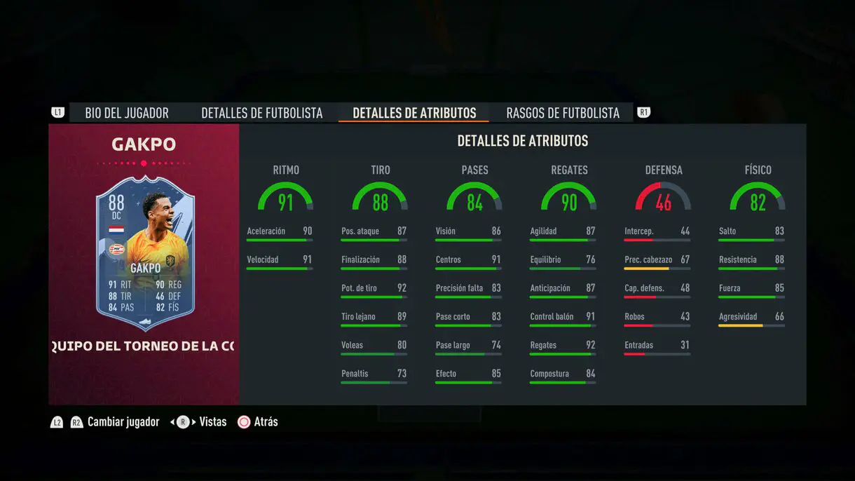 Stats in game Gakpo TOTT FIFA 23 Ultimate Team