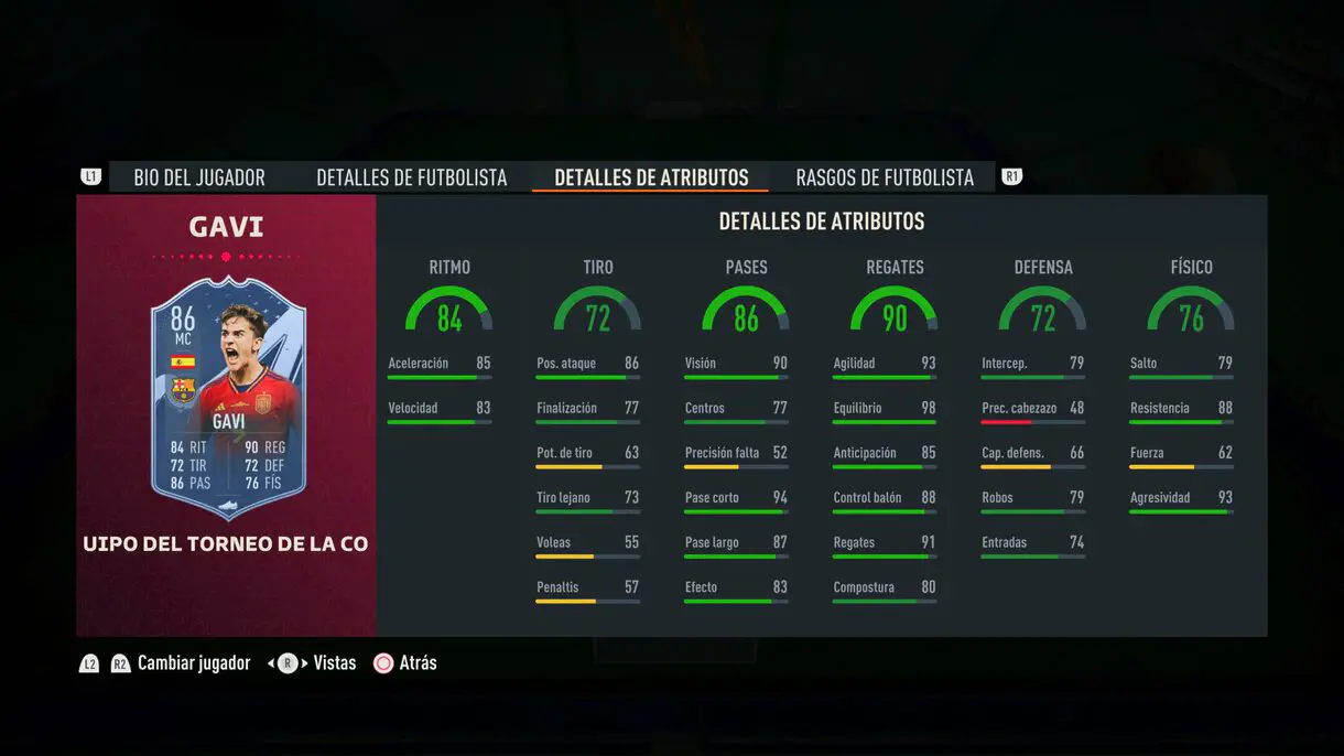 Stats in game Gavi TOTT FIFA 23 Ultimate Team