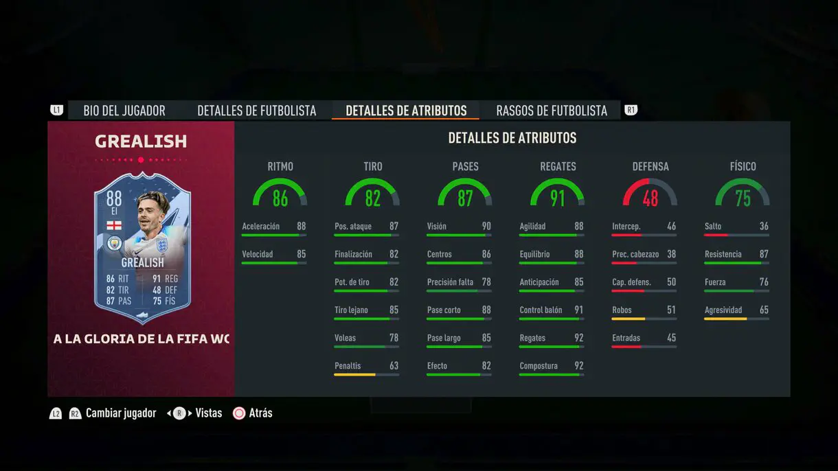 Stats in game Grealish Path to Glory actualizado FIFA 23 Ultimate Team