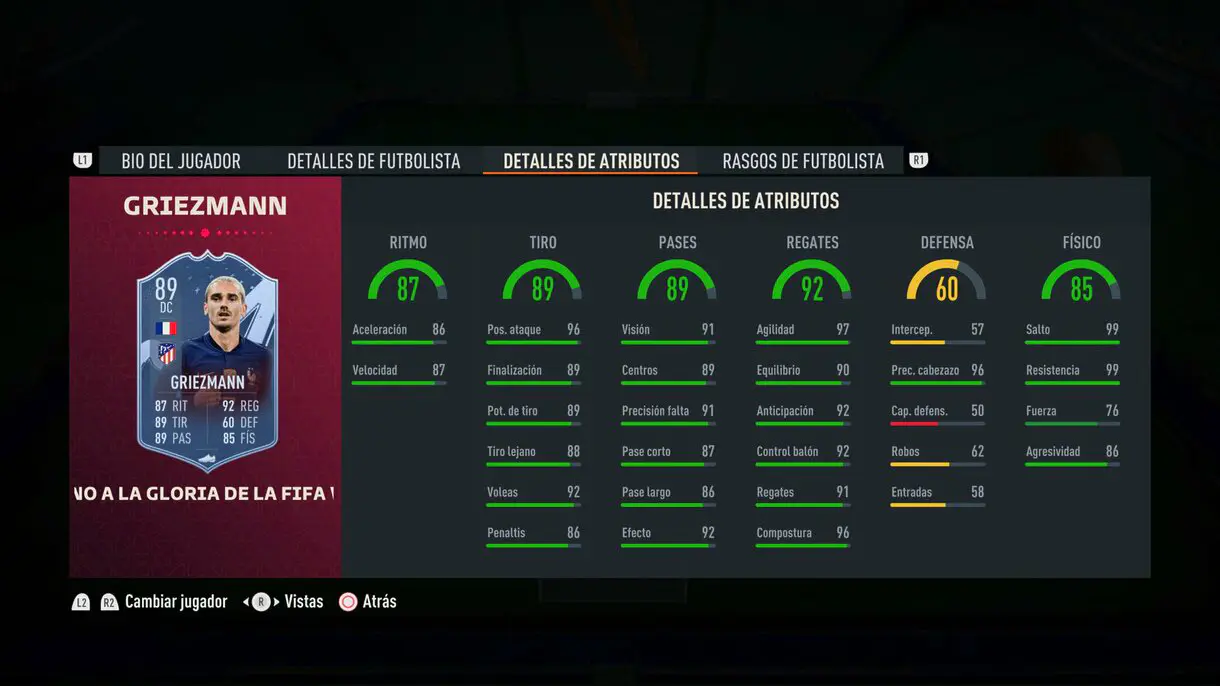 Stats in game Griezmann Path to Glory 89 FIFA 23 Ultimate Team