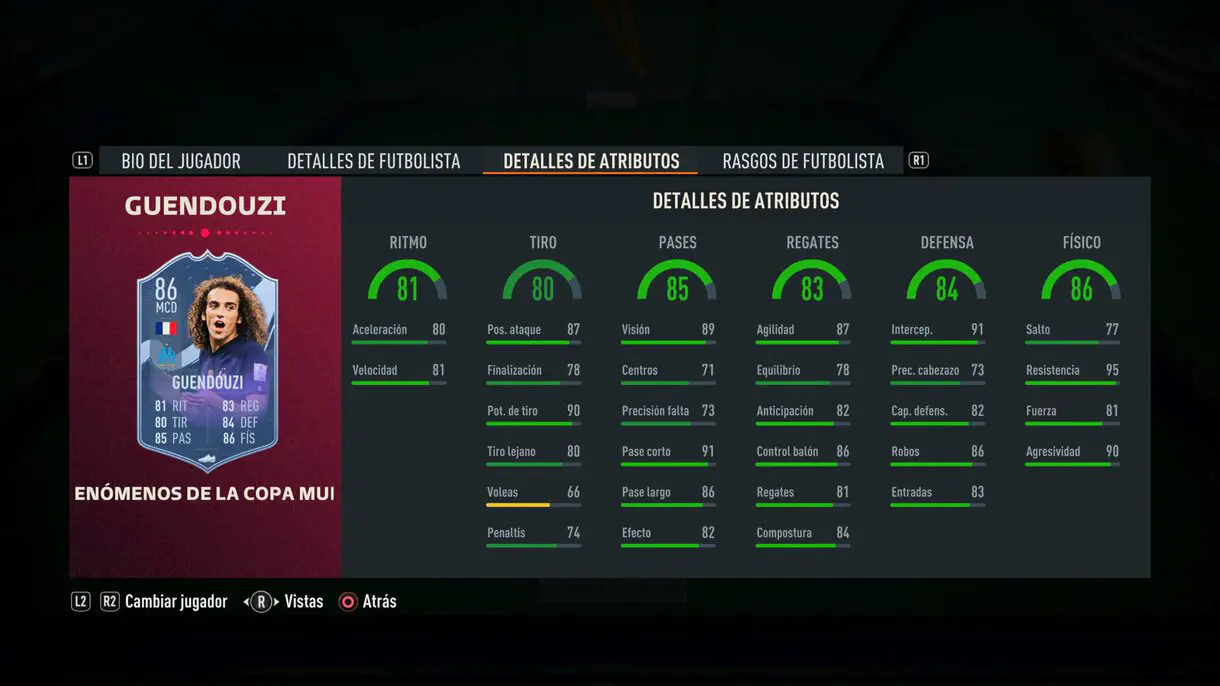Stats in game Guendouzi Fenómenos de la Copa Mundial FIFA 23 Ultimate Team