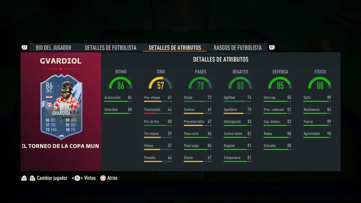 Stats in game Gvardiol TOTT FIFA 23 Ultimate Team