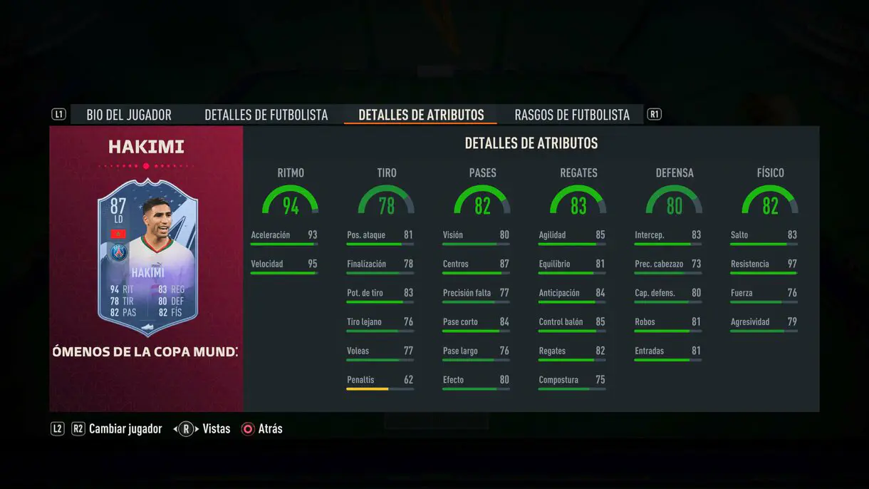 Stats in game Hakimi Fenómenos de la Copa Mundial FIFA 23 Ultimate Team