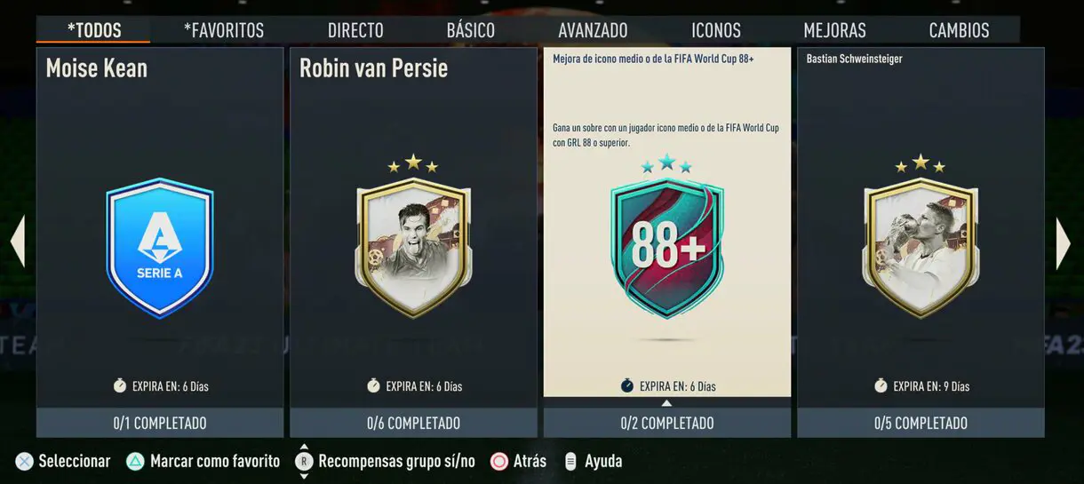 Menú SBC FIFA 23 Ultimate Team mostrando la Mejora de icono medio o de la FIFA World Cup 88+