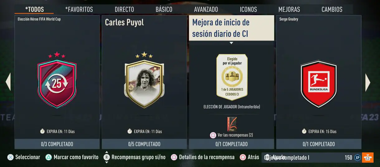 Menú SBC FIFA 23 Ultimate Team mostrando la Mejora de inicio de sesión diario de CI