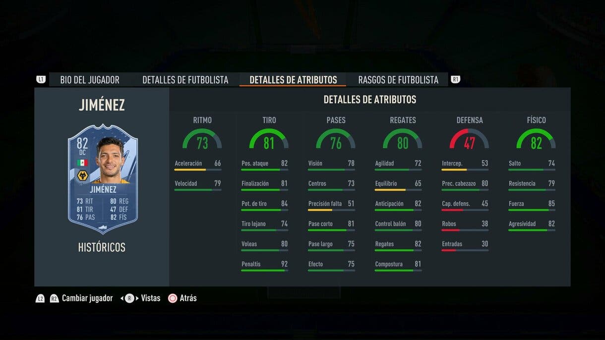 Stats in game Raúl Jiménez Históricos FIFA 23 Ultimate Team