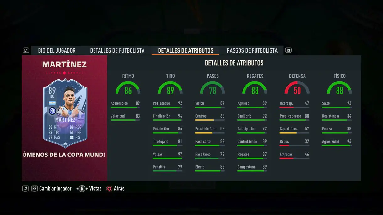 Stats in game Lautaro Martínez Fenómenos de la Copa Mundial FIFA 23 Ultimate Team