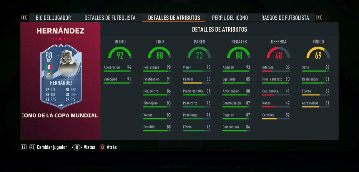 Stats in game Luis Hernández Icono del Mundial FIFA 23 Ultimate Team
