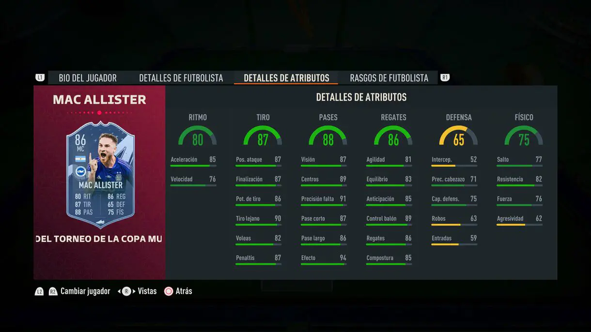 Stats in game Mac Allister TOTT FIFA 23 Ultimate Team