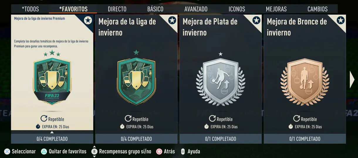 Menú SBC FIFA 23 Ultimate Team mostrando las nuevas Mejoras de liga de invierno