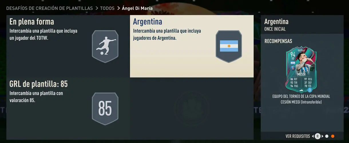 SBC de Di María MOTM mostrando a Messi TOTT cedido como recompensa individual FIFA 23 Ultimate Team