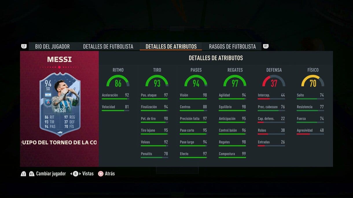 Stats in game Messi TOTT FIFA 23 Ultimate Team