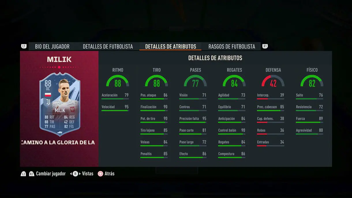 Stats in game Milik Path to Glory actualizado FIFA 23 Ultimate Team