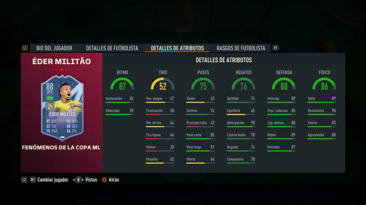 Stats in game Militao Fenómenos de la Copa Mundial FIFA 23 Ultimate Team