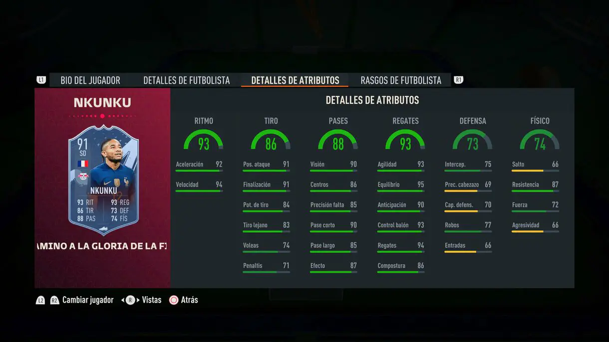 Stats in game Nkunku Path to Glory 91 FIFA 23 Ultimate Team