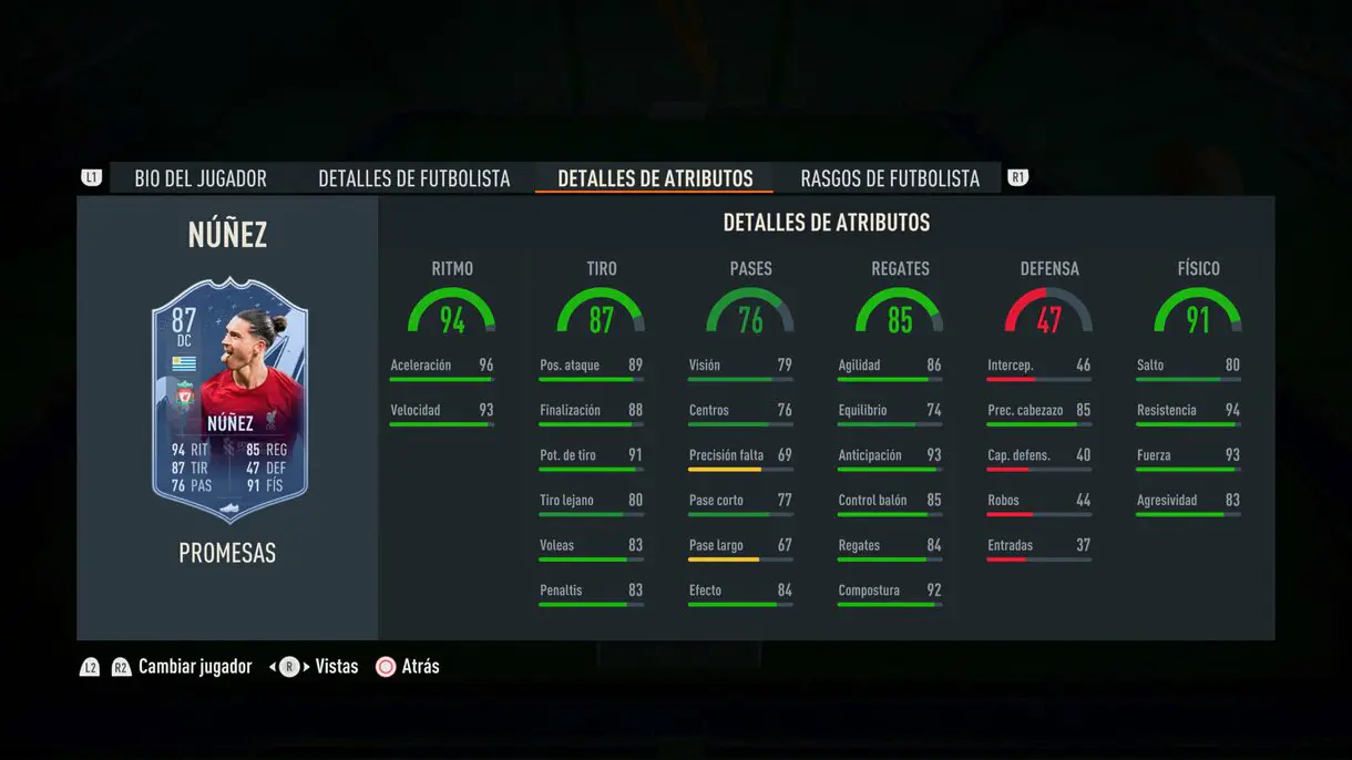 Stats in game Darwin Núñez OTW 87 FIFA 23 Ultimate Team