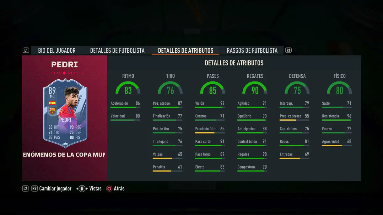 Stats in game Pedri Fenómenos de la Copa Mundial FIFA 23 Ultimate Team