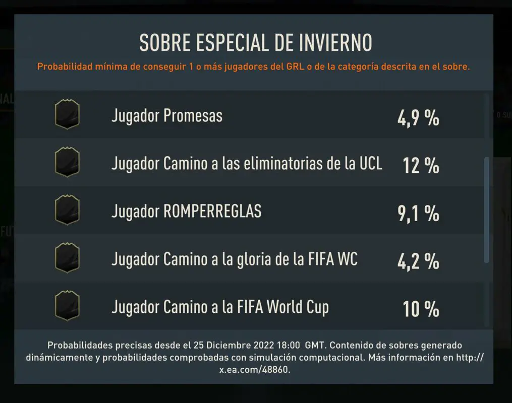 Probabilidades de recibir ciertas versiones especiales en el Sobre especial de invierno FIFA 23 Ultimate Team