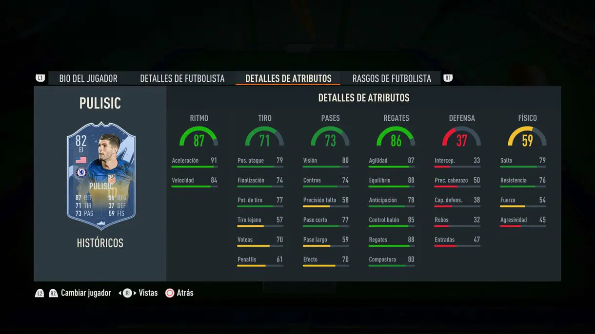 Stats in game Pulisic Históricos FIFA 23 Ultimate Team