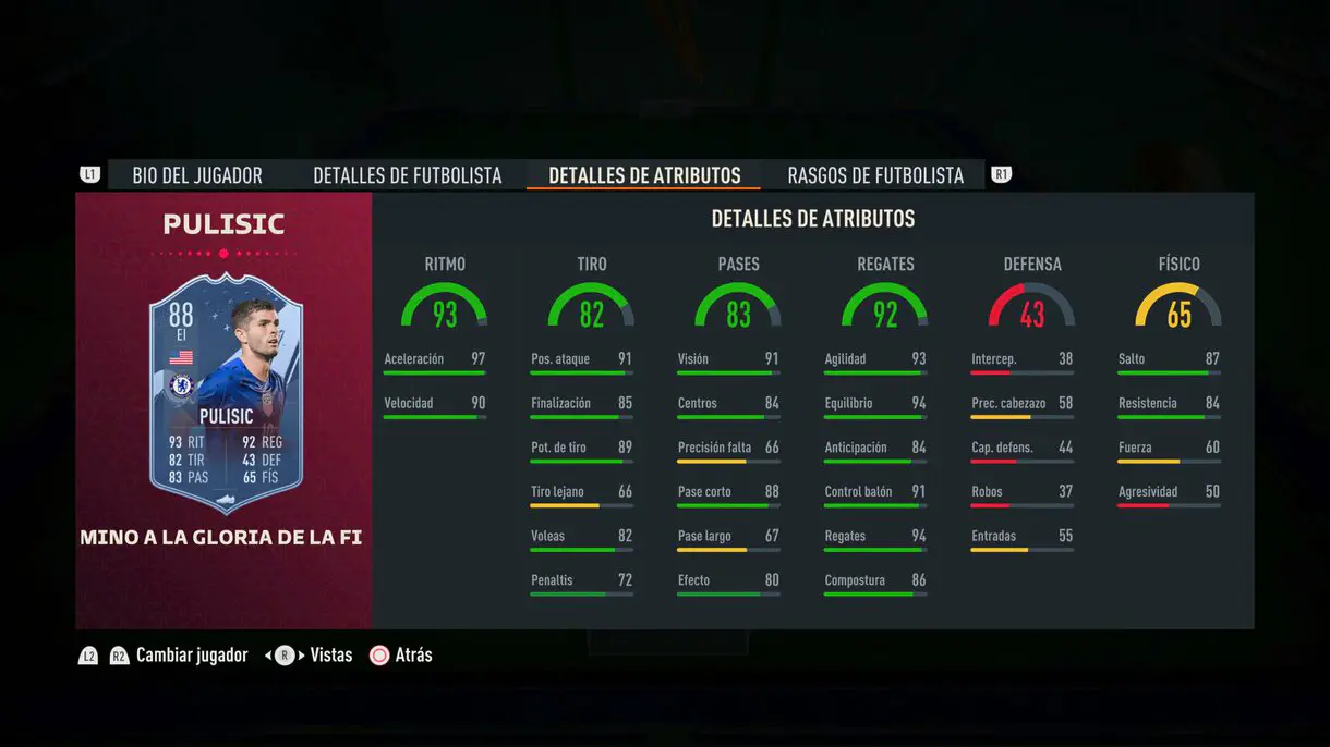 Stats in game Pulisic Path to Glory actualizado FIFA 23 Ultimate Team