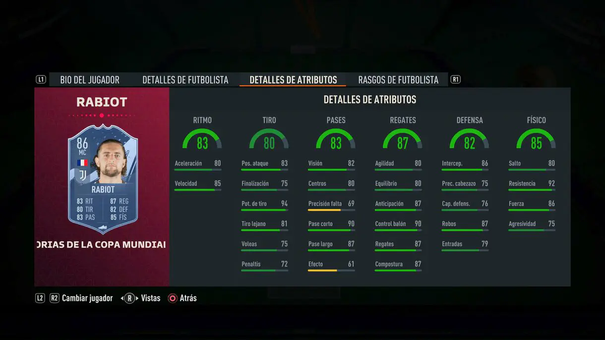 Stats in game Rabiot FIFA World Cup Stories FIFA 23 Ultimate Team