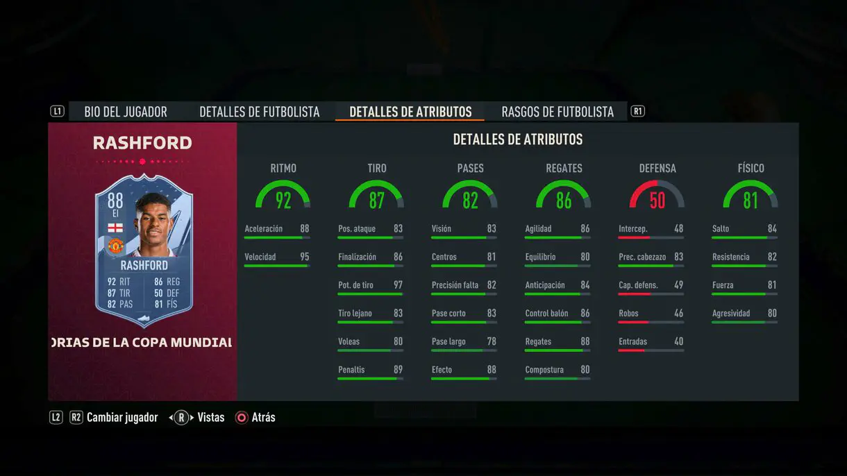 Stats in game Rashford FIFA World Cup Stories FIFA 23 Ultimate Team
