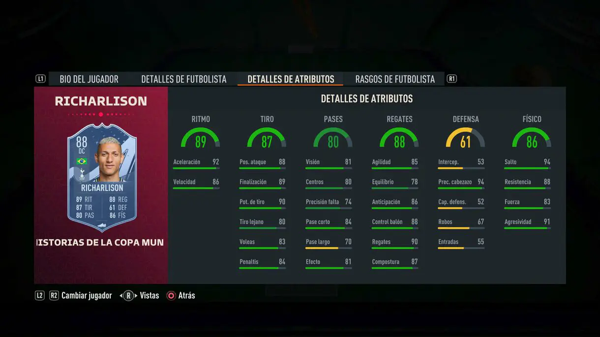 Stats in game Richarlison FIFA World Cup Stories FIFA 23 Ultimate Team