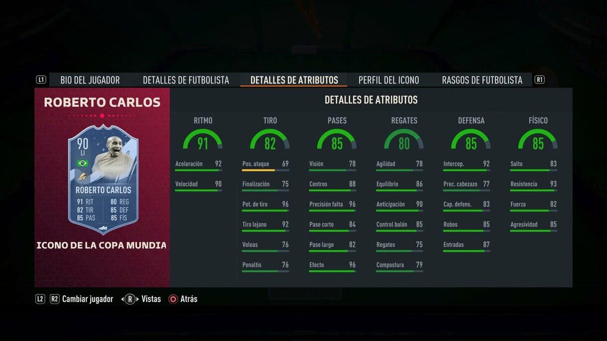 Stats in game Roberto Carlos Icono del Mundial FIFA 23 Ultimate Team