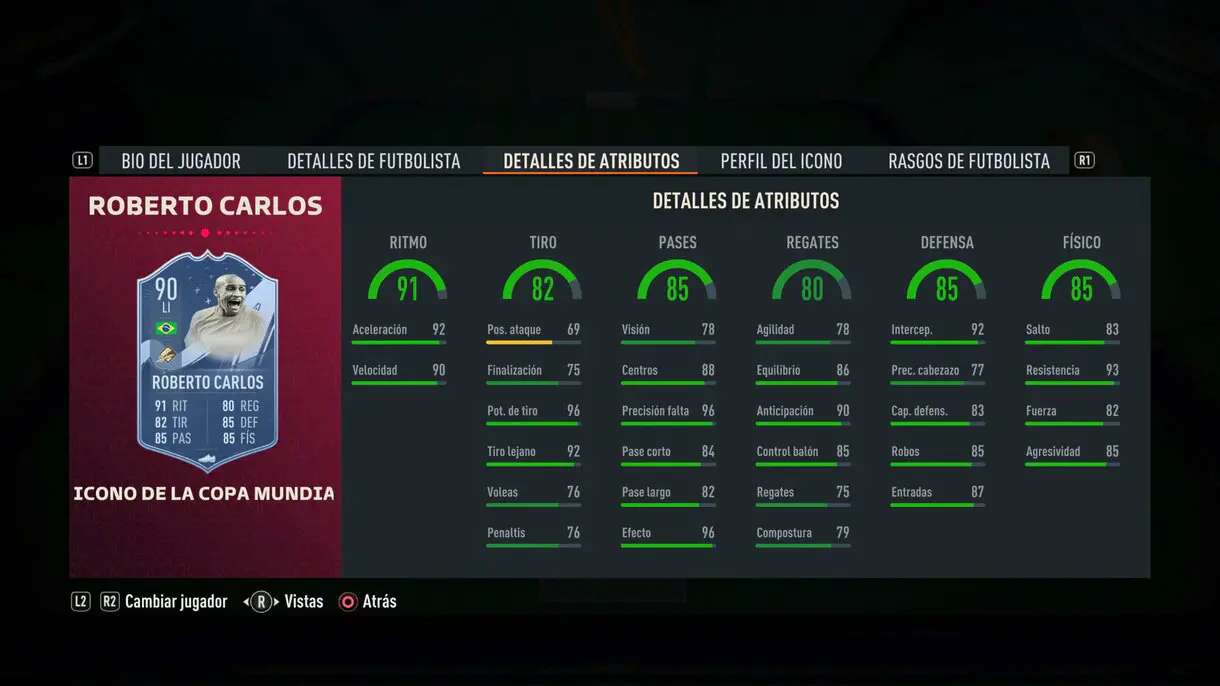 Stats in game Roberto Carlos Icono del Mundial FIFA 23 Ultimate Team